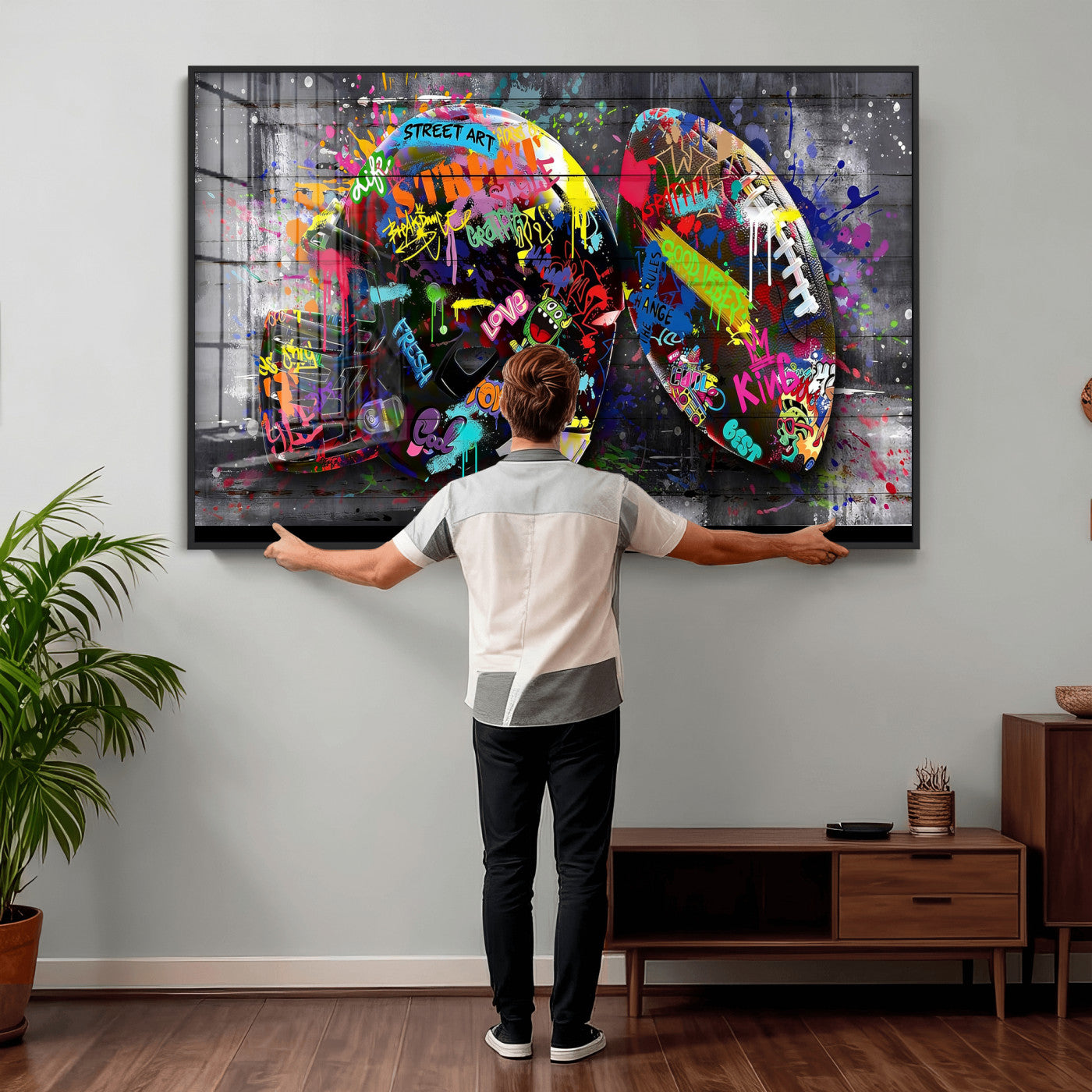 80540773-MGV-CV-36X24 - Graffiti American Football Helmet Street Art Wall Art Canvas Print, Urban Sports Pop Art Football Canvas Print, Colorful Graffiti Sports Contemporary Art Printing
