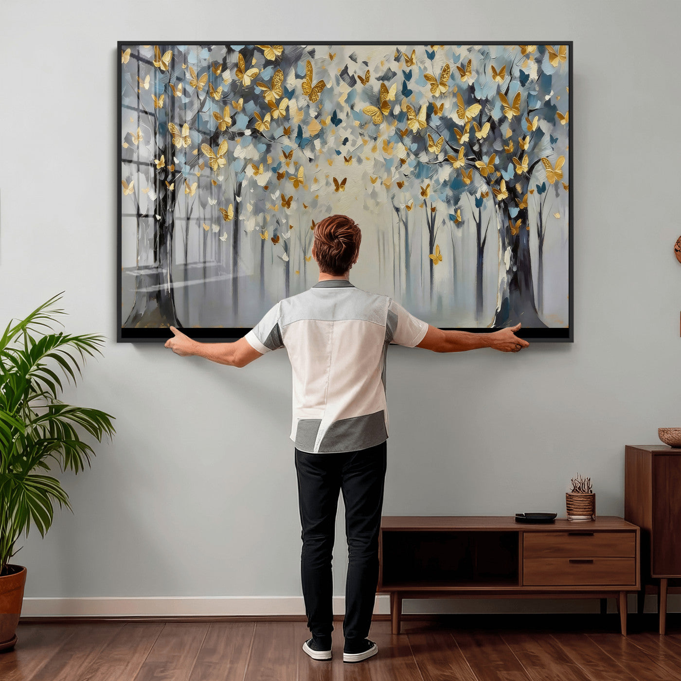 79208191-MGV-CV-36X24 - Golden Butterfly Tree Abstract Wall Art Canvas Print, Modern Elegant Nature Painting Canvas Print, Blue Gold Contemporary Floral Art Printing
