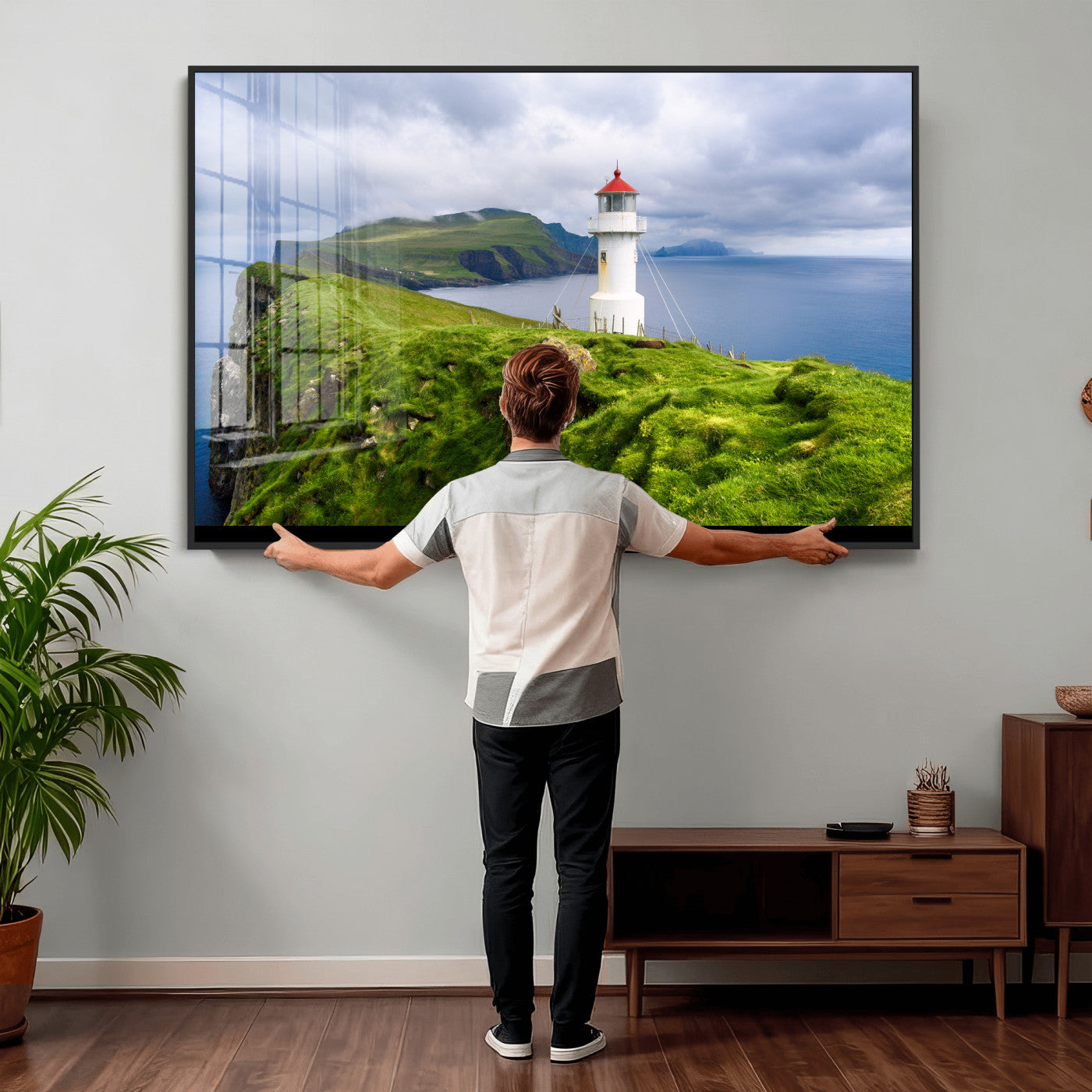 10680390-MGV-CV-36X24 - Coastal Lighthouse Wall Art Canvas Print, Cliffside Ocean Landscape Canvas Print, Scandinavian Coastal Decor for Living Room