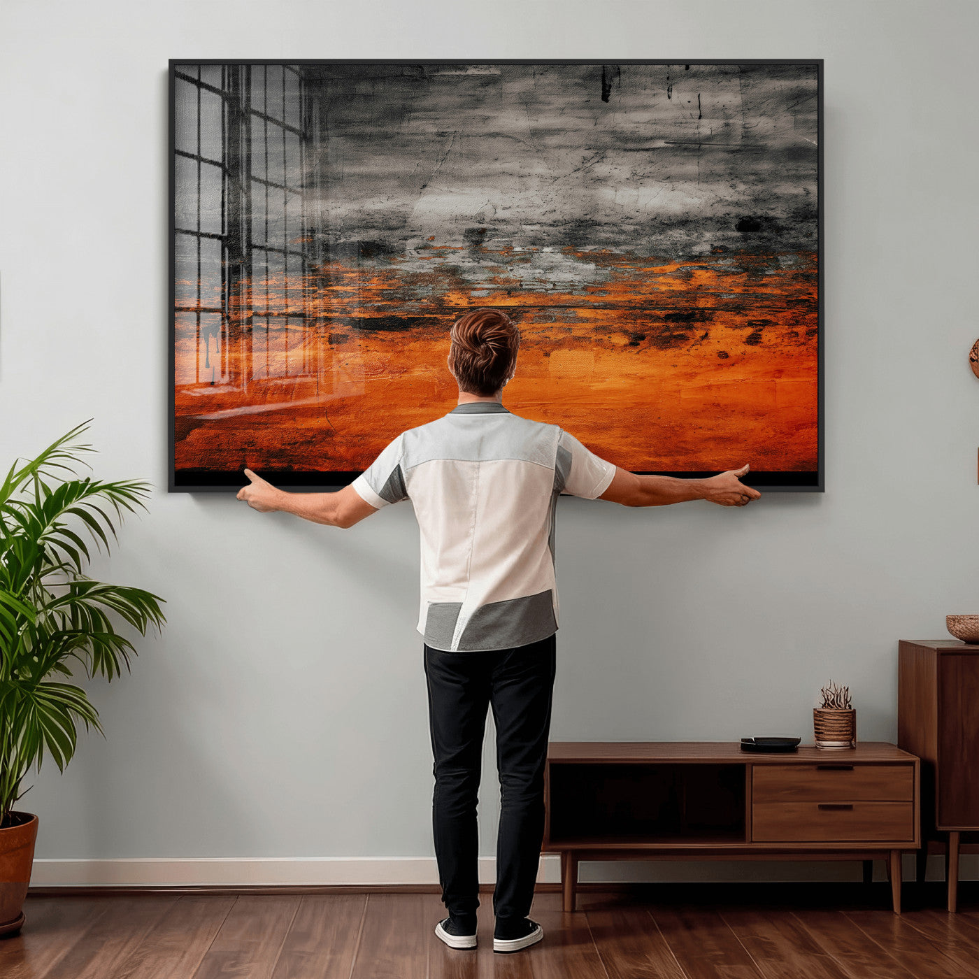 75409282-MGV-CV-36X24 - Black Orange Abstract Wall Art Canvas Print Modern Textured Painting Decor