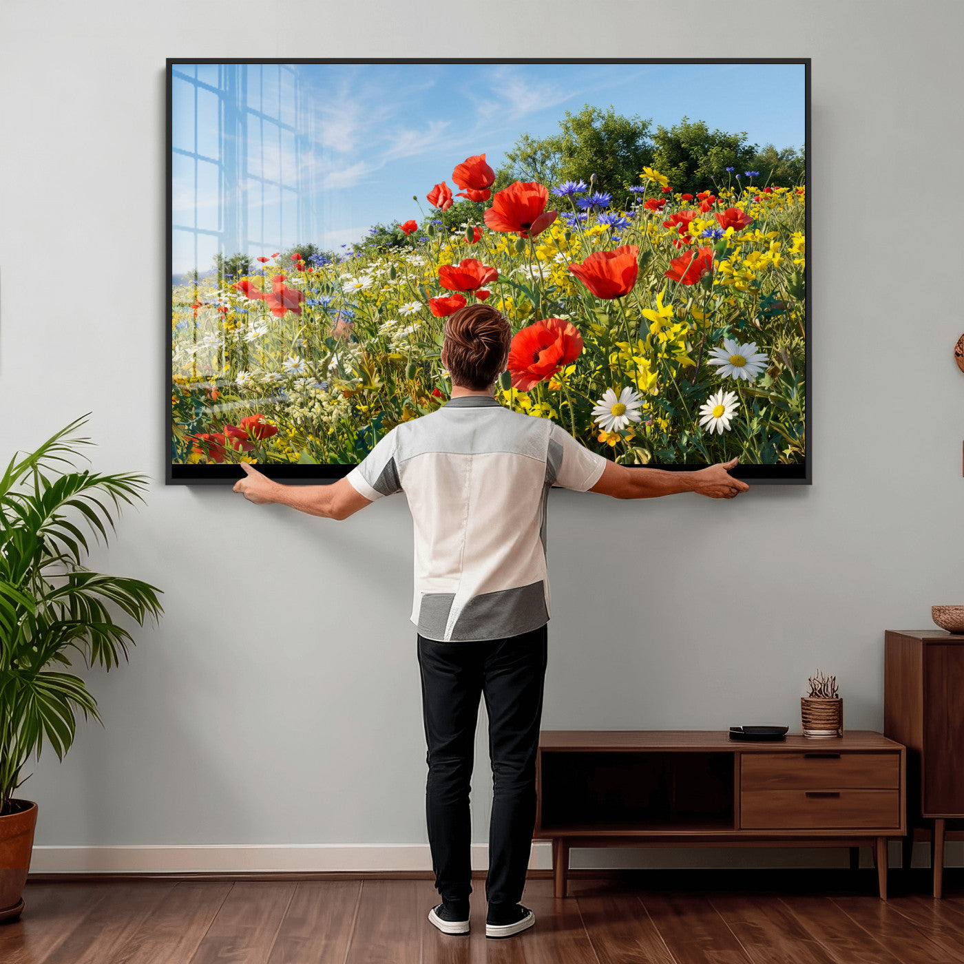 38570784-MGV-CV-36X24 - Wildflower Meadow Wall Art Canvas Print – Colorful Poppy and Daisy Field Landscape Artwork for Living Room Decor
