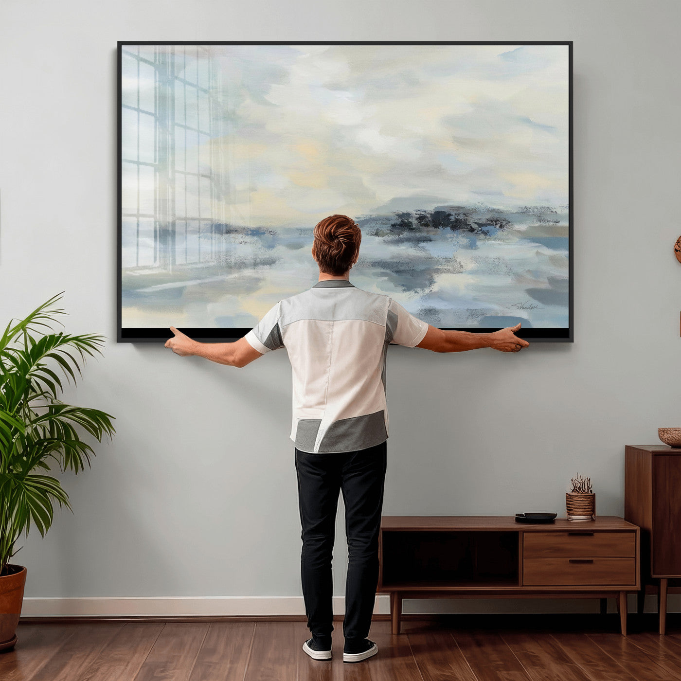 24647355-MGV-CV-36X24 - Abstract Coastal Landscape Wall Art Canvas Print – Soft Blue Gray Minimalist Painting