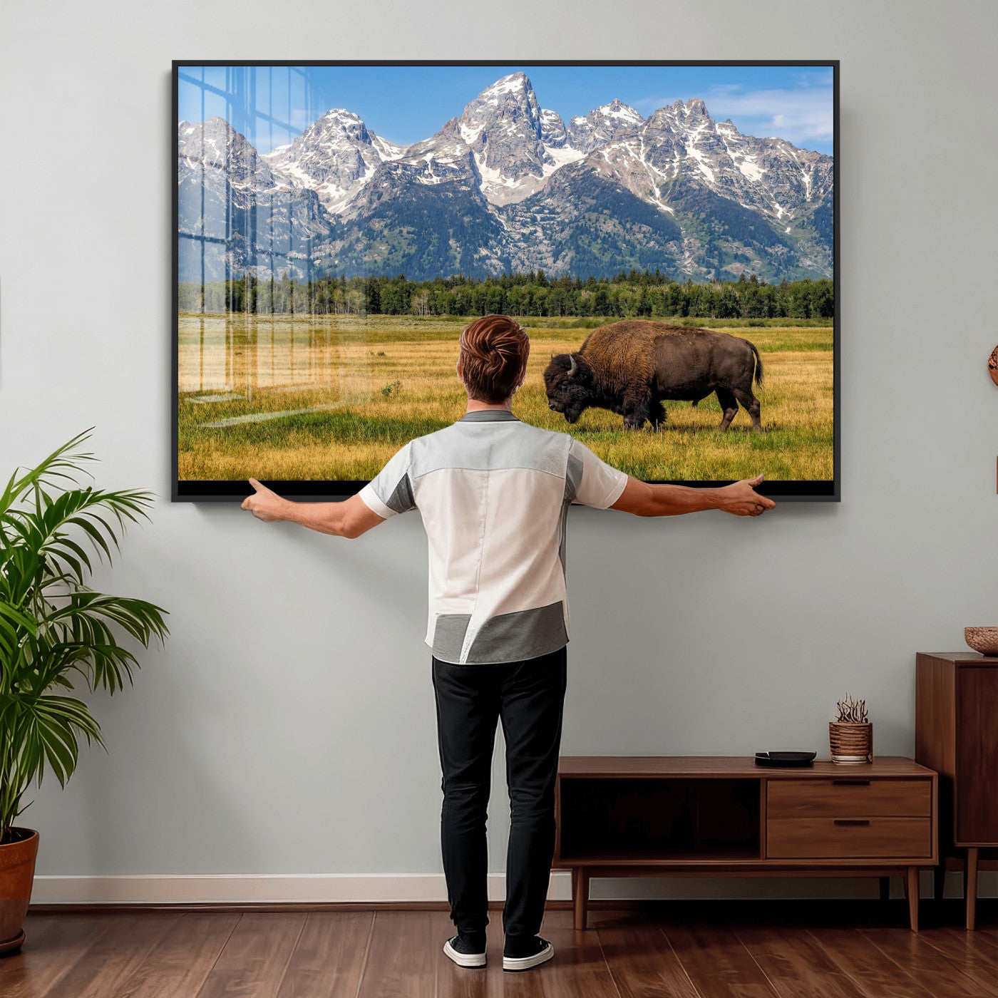 20424529-MGV-CV-36X24 - Bison in Mountain Landscape Wall Art Canvas Print – Western Wildlife Artwork for Rustic Living Room Decor