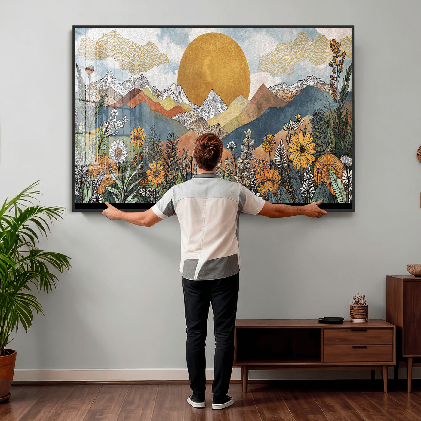 17540863-MGV-CV-36X24 - Boho Mountain Landscape Large Wall Art, Horizontal Gold Framed Canvas Print with Sun and Flowers