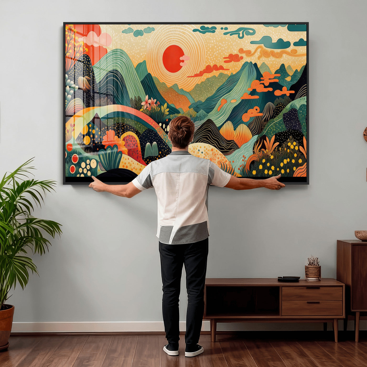 29927191-MGV-CV-36X24 - Yayoi Kusama Boho Mountain Landscape Large Wall Art, Horizontal Gold Framed Canvas Print with Sun and Flowers