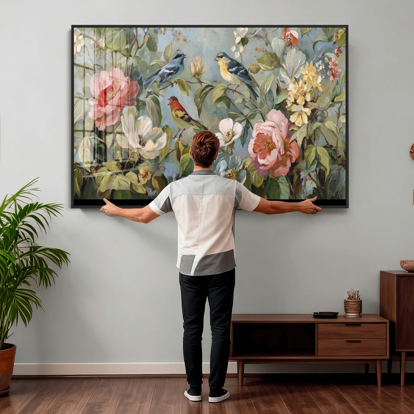 55440837-MGV-CV-36X24 - Vintage Birds and Flowers Wall Art Canvas Print, Botanical Bird Painting Canvas Print, Floral Garden Bird Artwork Canvas Print, Classic Bird Flower Painting Canvas Print