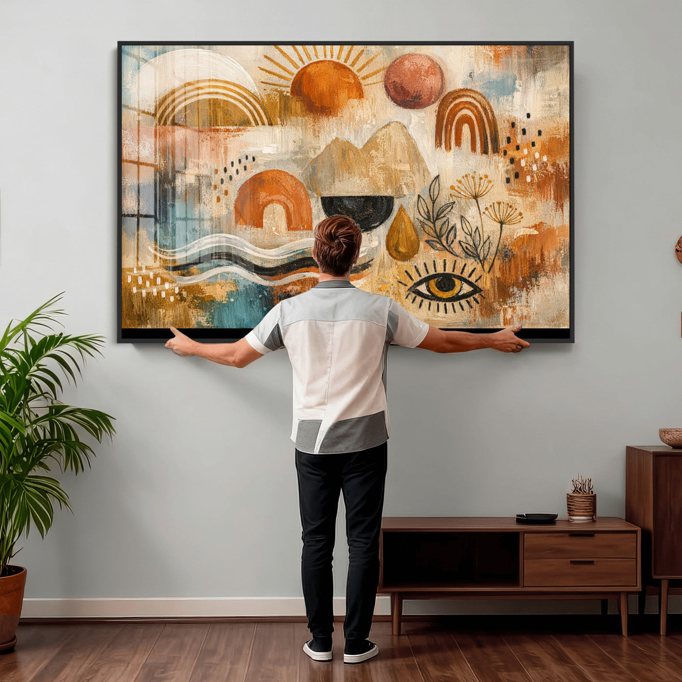 52155239-MGV-CV-36X24 - Geometric Boho Abstract Wall Art Canvas Print, Orange Blue Abstract Expressionist Painting Print, Modern Geometric Abstract Canvas Art