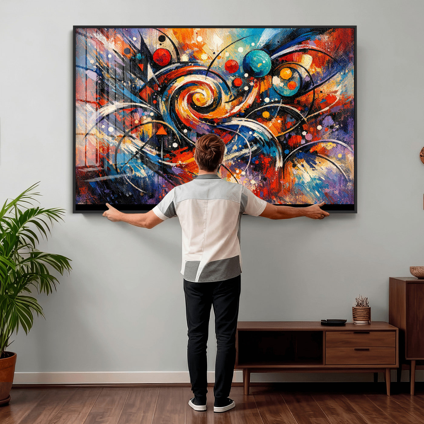 60193267-MGV-CV-36X24 - Geometric Abstract Wall Art Canvas Print, Orange Blue Abstract Expressionist Painting Print, Modern Geometric Abstract Canvas Art