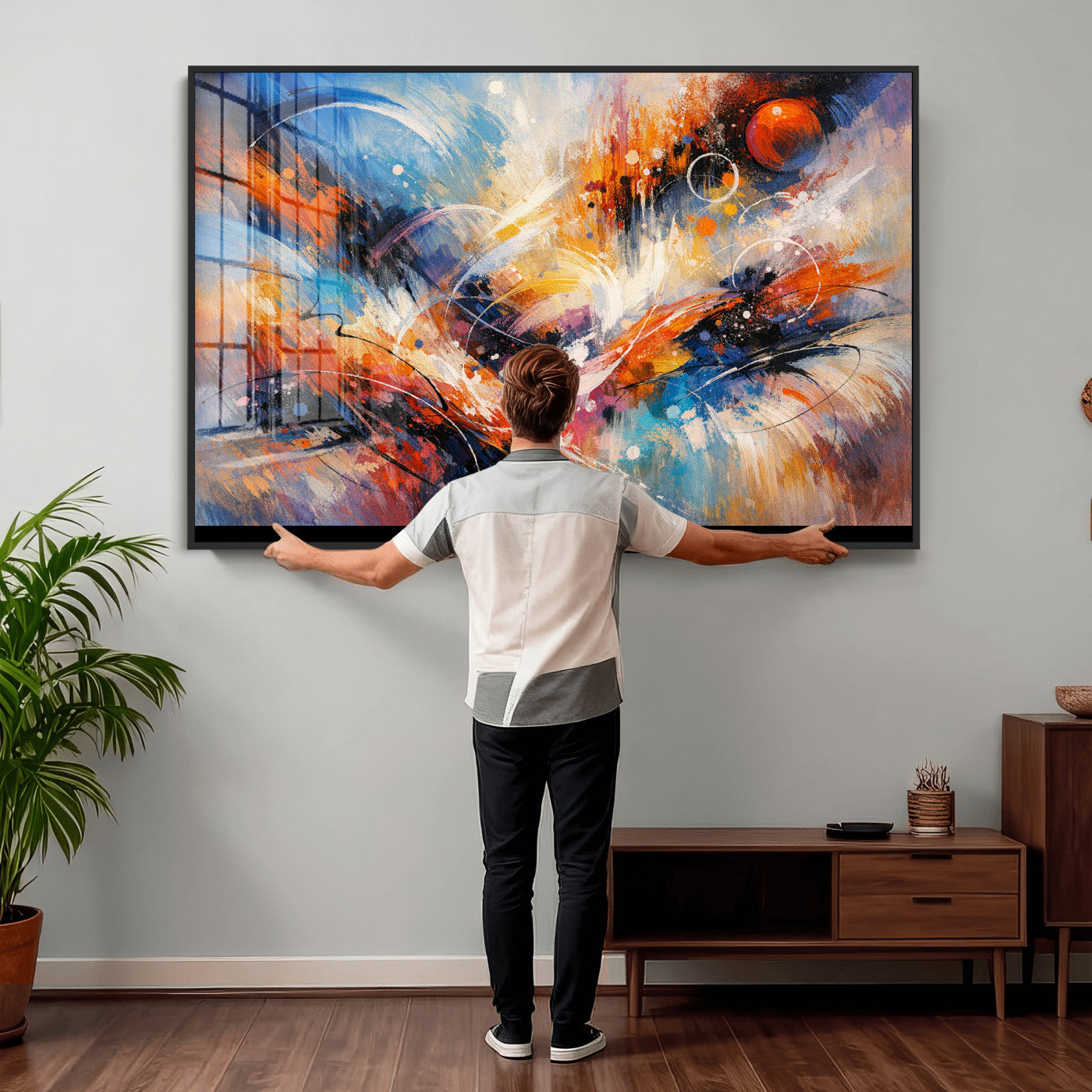 47770355-MGV-CV-36X24 - Geometric Abstract Wall Art Canvas Print, Orange Blue Abstract Expressionist Painting Print, Modern Geometric Abstract Canvas Art