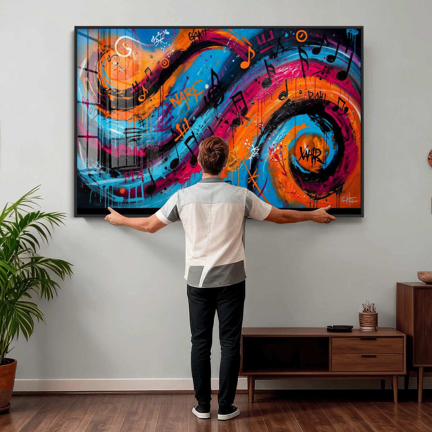 34936518-MGV-CV-36X24 - Geometric Abstract Wall Art Canvas Print, Orange Blue Abstract Expressionist Painting Print, Modern Geometric Abstract Canvas Art