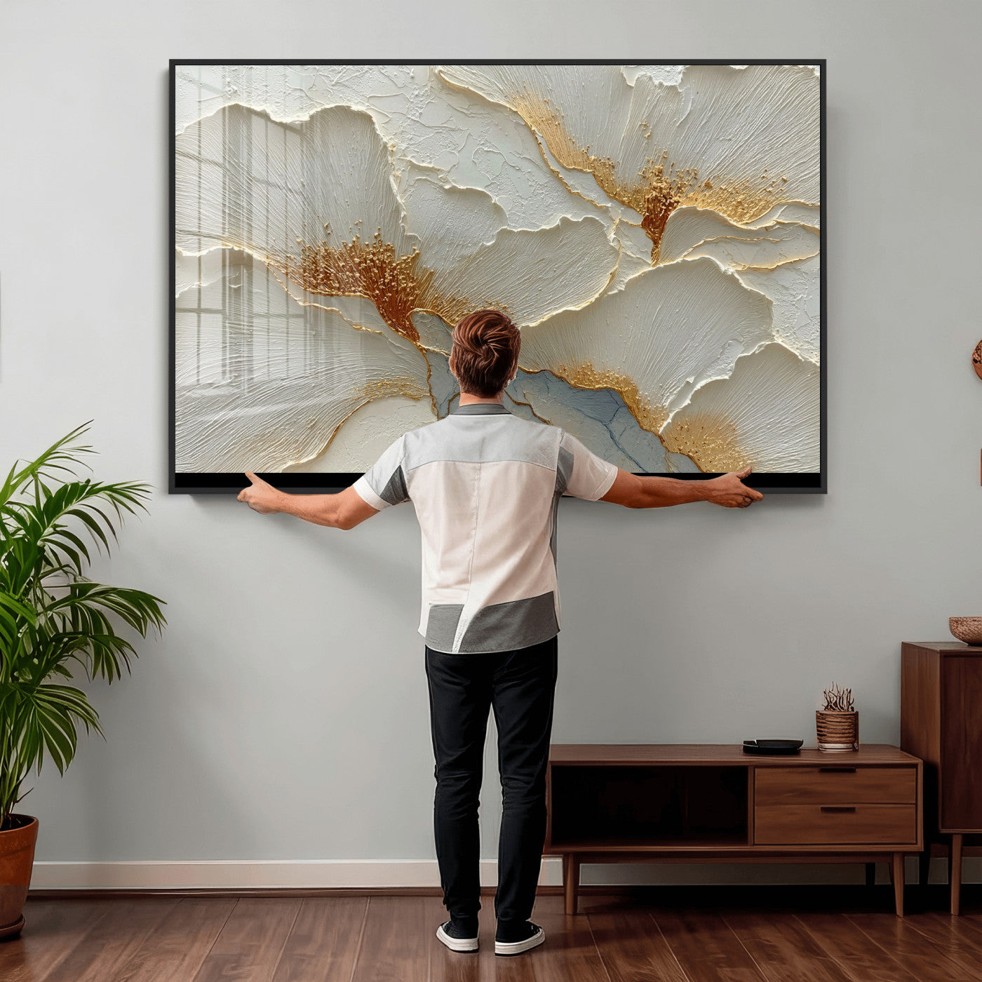 4712069F1-MGV-CV-36X24 - White Gold Floral Canvas Wall Art — Textured Flower Print | Luxury Botanical Decor | Elegant Bedroom Art | Gold Leaf Wall Art Gift