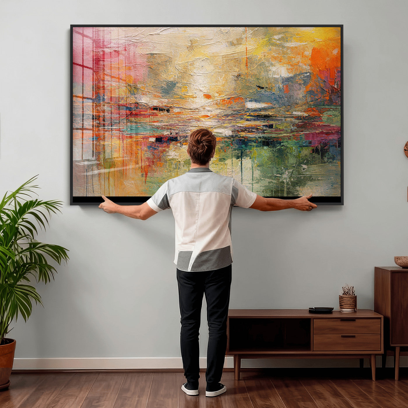 4712069P1-MGV-CV-36X24 - Colorful Abstract Canvas Wall Art — Large Textured Oil Painting Style Print | Orange Red Boho Wall Decor | Modern Living Room Art | Bold Wall Art