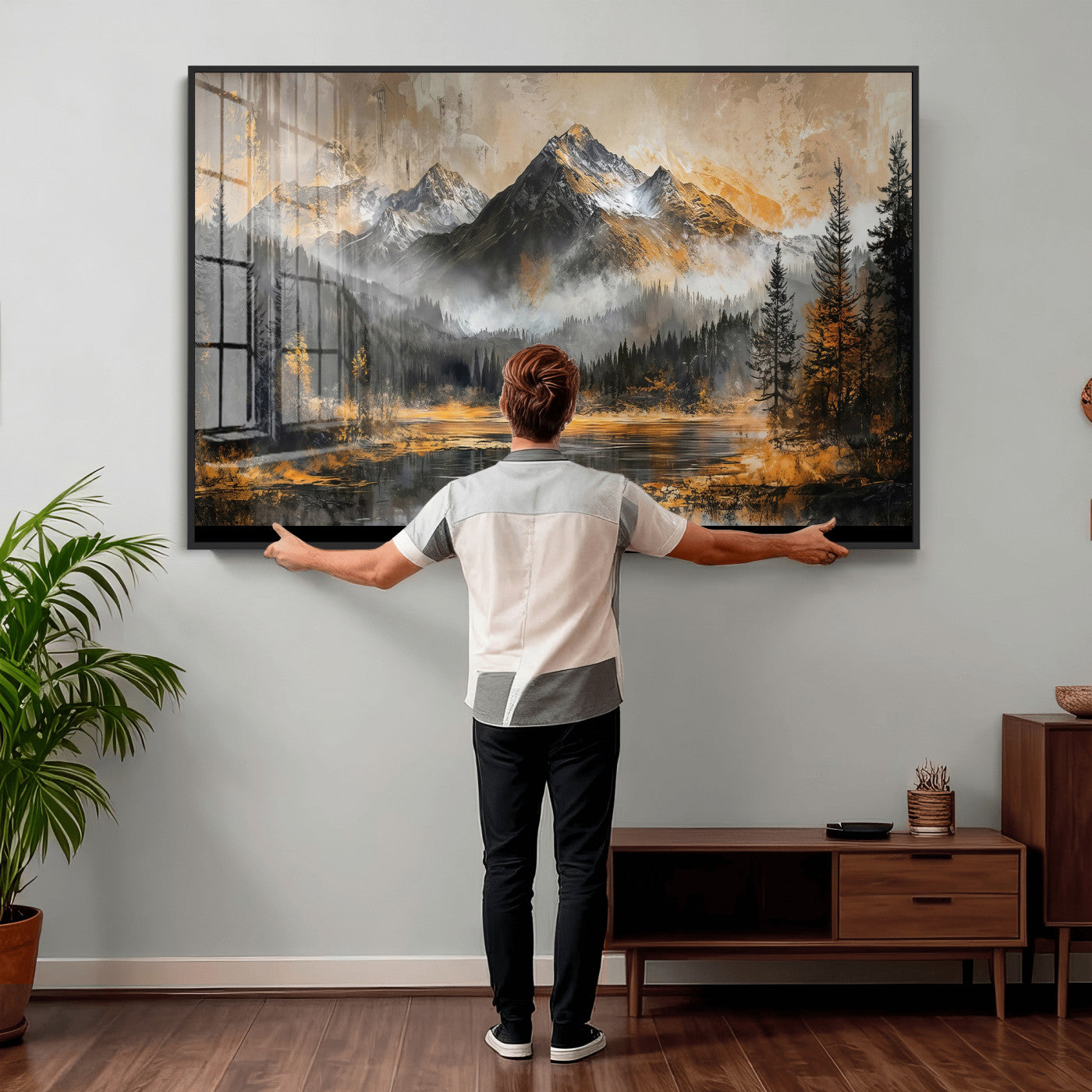 4712069D1-MGV-CV-36X24 - Mountain Lake Canvas Wall Art — Rustic Forest Landscape Print | Gold Grey Nature Decor | Cabin Wall Art | Large Wilderness Art Print Gift