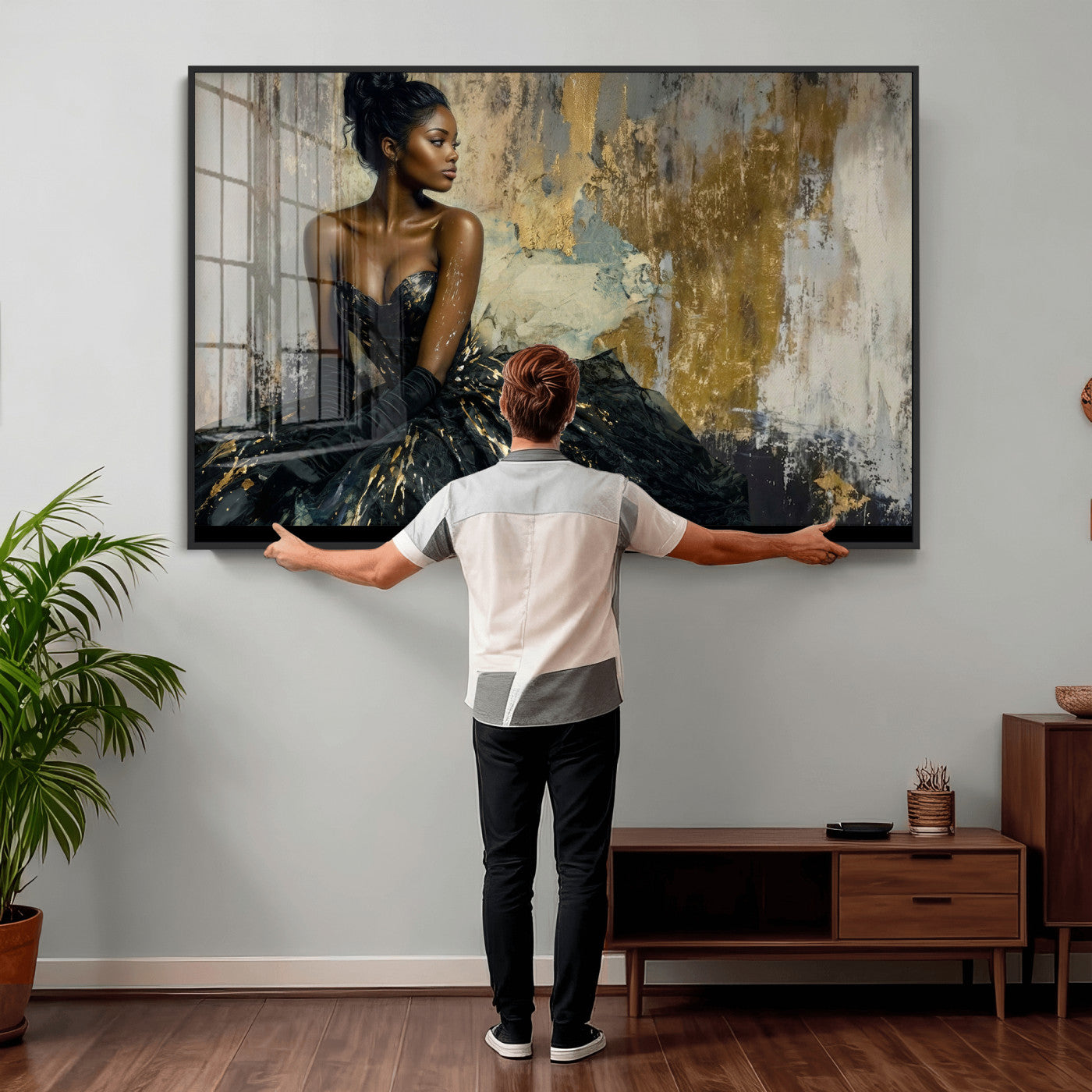 4712069Z1-MGV-CV-36X24 - Elegant Woman Canvas Wall Art — Black Gold Gown Fashion Print | Luxury Glam Wall Decor | African American Art | Bold Bedroom Wall Art Gift