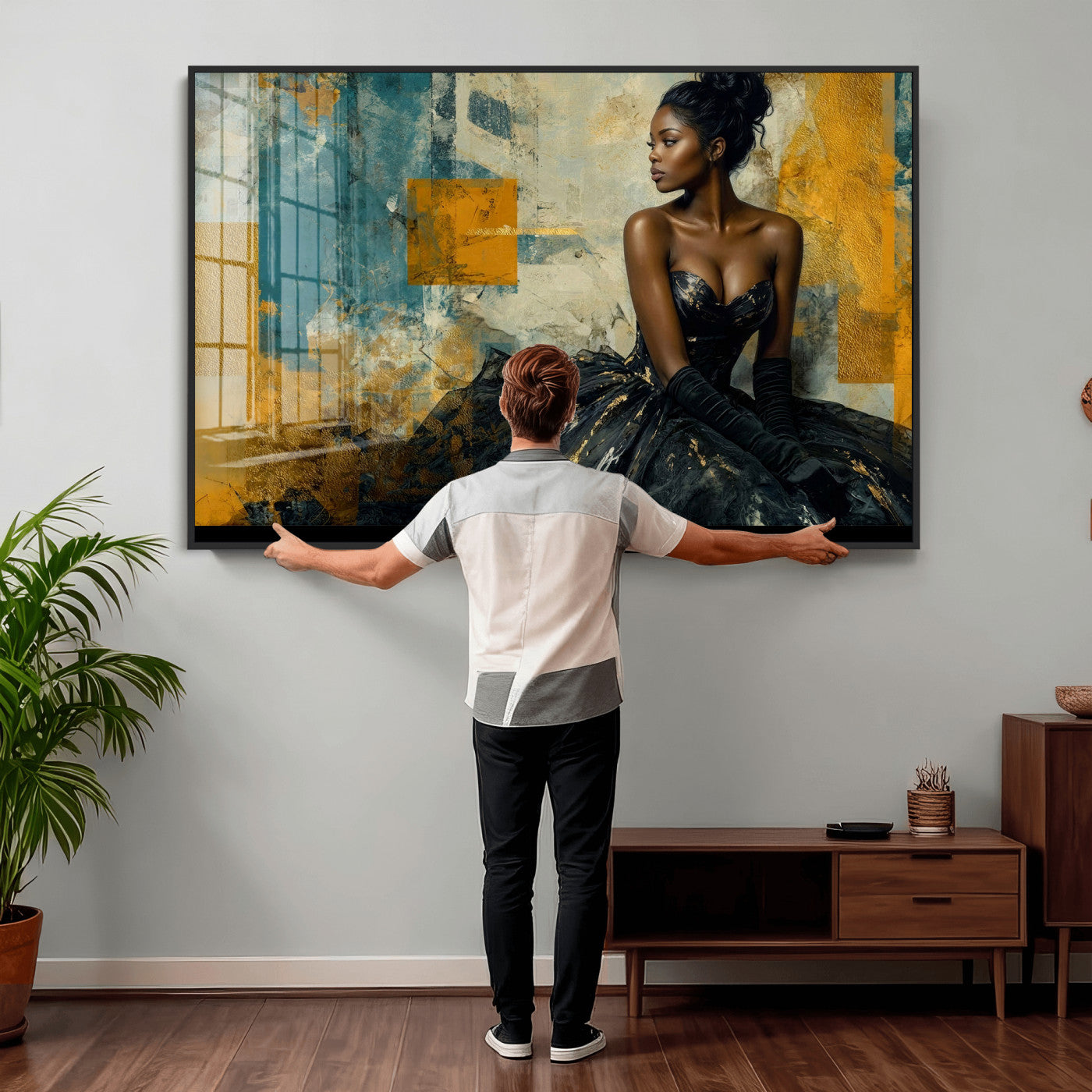 4712069Z21-MGV-CV-36X24 - Elegant Woman Canvas Wall Art — Black Gold Gown Fashion Print | Luxury Glam Wall Decor | African American Art | Bold Bedroom Wall Art Gift