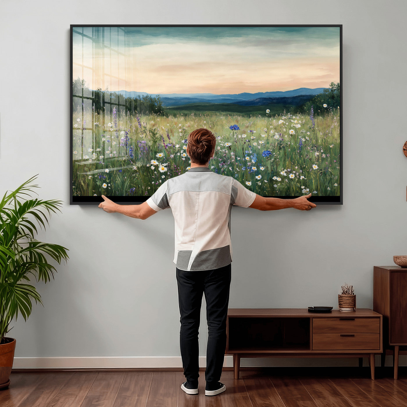 35773805-MGV-CV-36X24 - Wildflower Meadow Oil Painting Canvas — Daisy Lavender Mountain Sunset Print | Cottagecore Floral Wall Art | Bedroom Decor Gift for Her