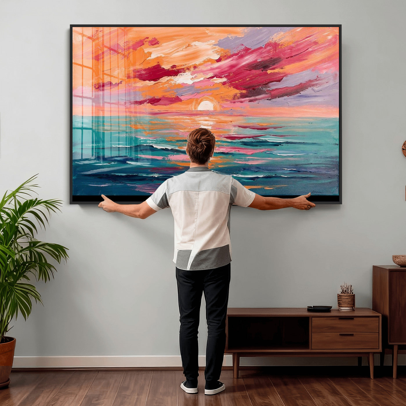 26763902-MGV-CV-36X24 - Bold Palette Knife Ocean Sunset Canvas — Orange Pink Teal Expressionist Sea Print | Colorful Coastal Wall Art | Vibrant Beach Decor Gift