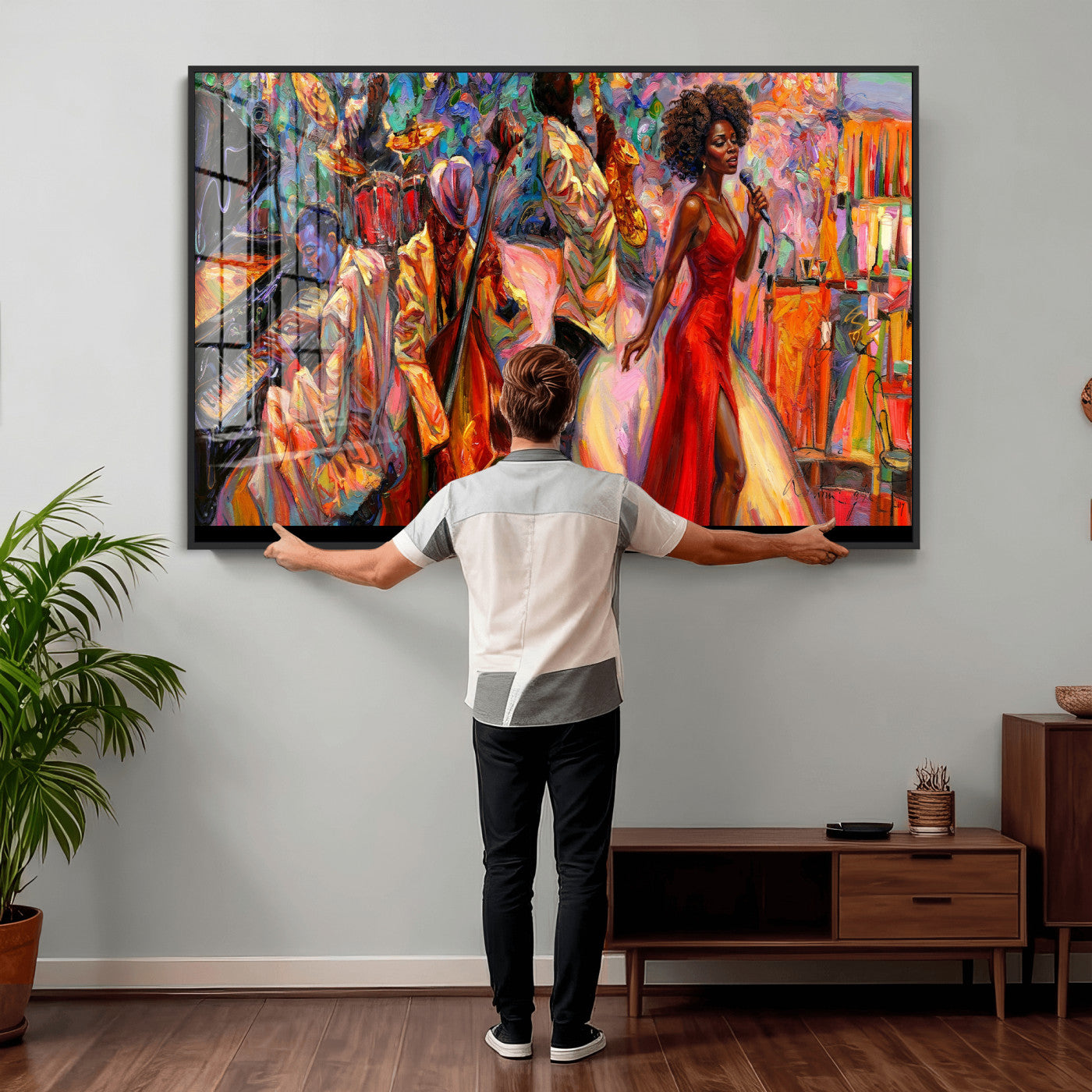 72615137-MGV-CV-36X24 - African American Jazz Singer Canvas Art - Red Dress Black Woman Music Print | Colorful Jazz Band Wall Decor | Living Room Gift for Her