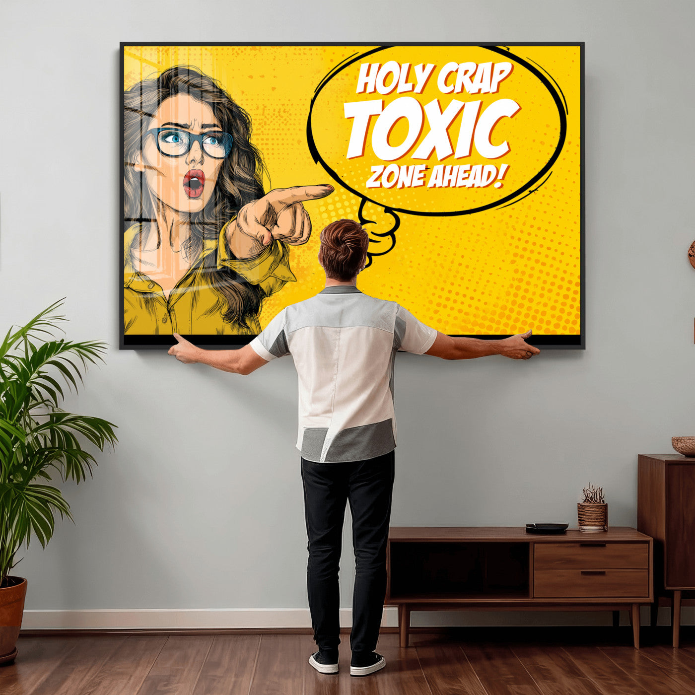 79751885-MGV-CV-36X24 - Pop Art Print Bathroom Sign Wall Art Canvas Print — Funny Bathroom Canvas | Comic Style Toilet Wall Decor | Humor Gift | Yellow Bold Bathroom Art