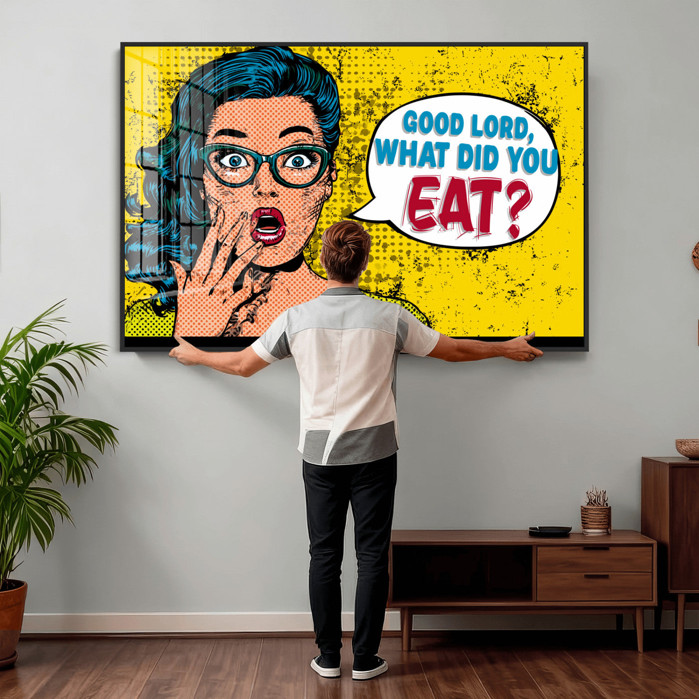 88217969-MGV-CV-36X24 - Pop Art Print Bathroom Sign Wall Art Canvas Print — Funny Bathroom Canvas | Comic Style Toilet Wall Decor | Humor Gift | Yellow Bold Bathroom Art