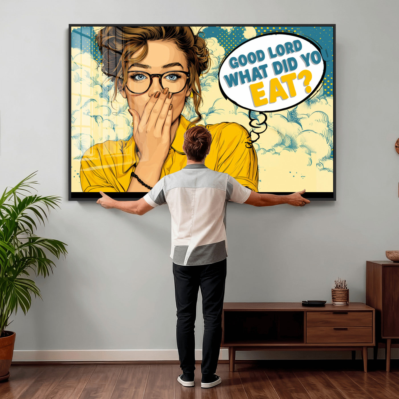 35819669-MGV-CV-36X24 - Pop Art Print Bathroom Sign Wall Art Canvas Print — Funny Bathroom Canvas | Comic Style Toilet Wall Decor | Humor Gift | Yellow Bold Bathroom Art