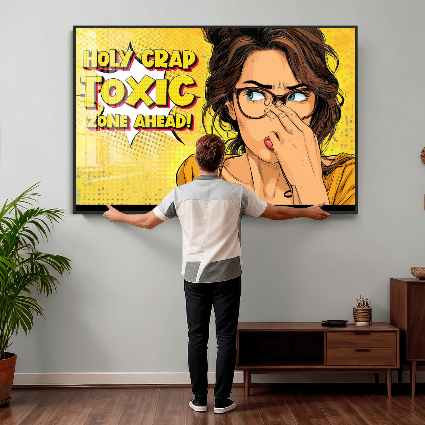 96263876-MGV-CV-36X24 - Pop Art Print Bathroom Sign Wall Art Canvas Print — Funny Bathroom Canvas | Comic Style Toilet Wall Decor | Humor Gift | Yellow Bold Bathroom Art