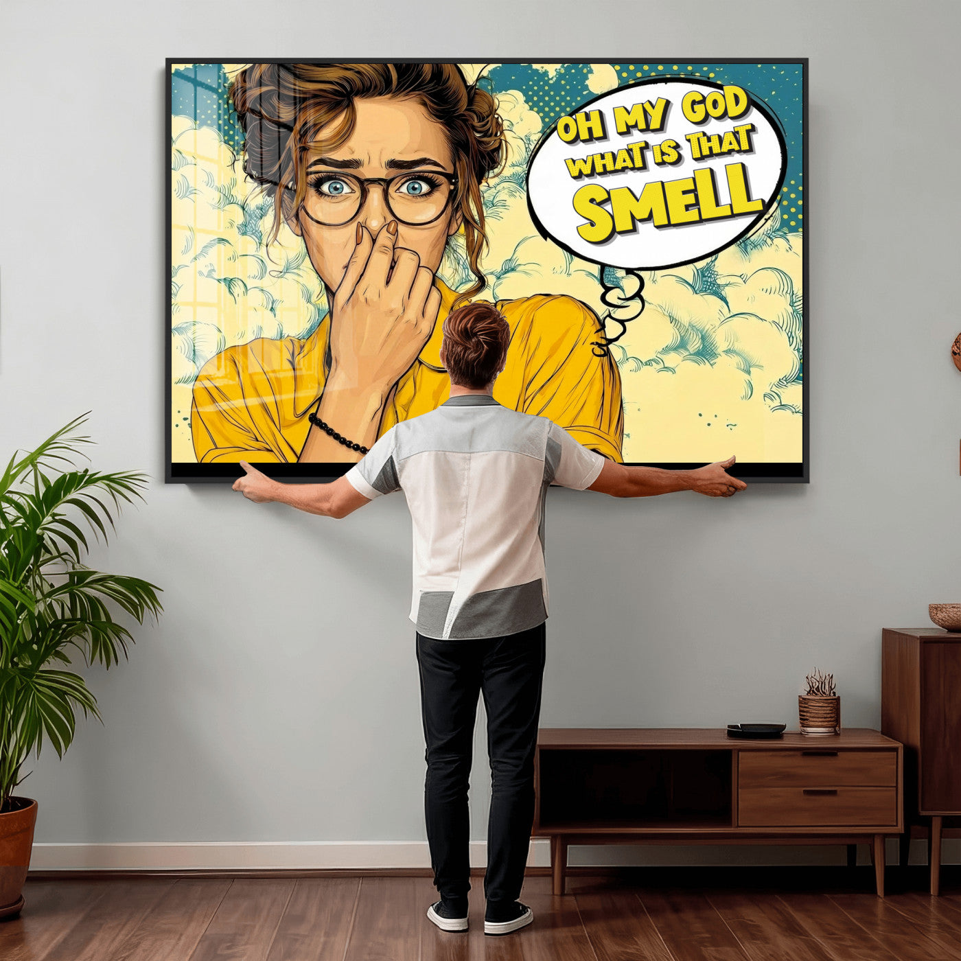 B79156505-MGV-CV-36X24 - Pop Art Print Bathroom Sign Wall Art Canvas Print — Funny Bathroom Canvas | Comic Style Toilet Wall Decor | Humor Gift | What is that Smell