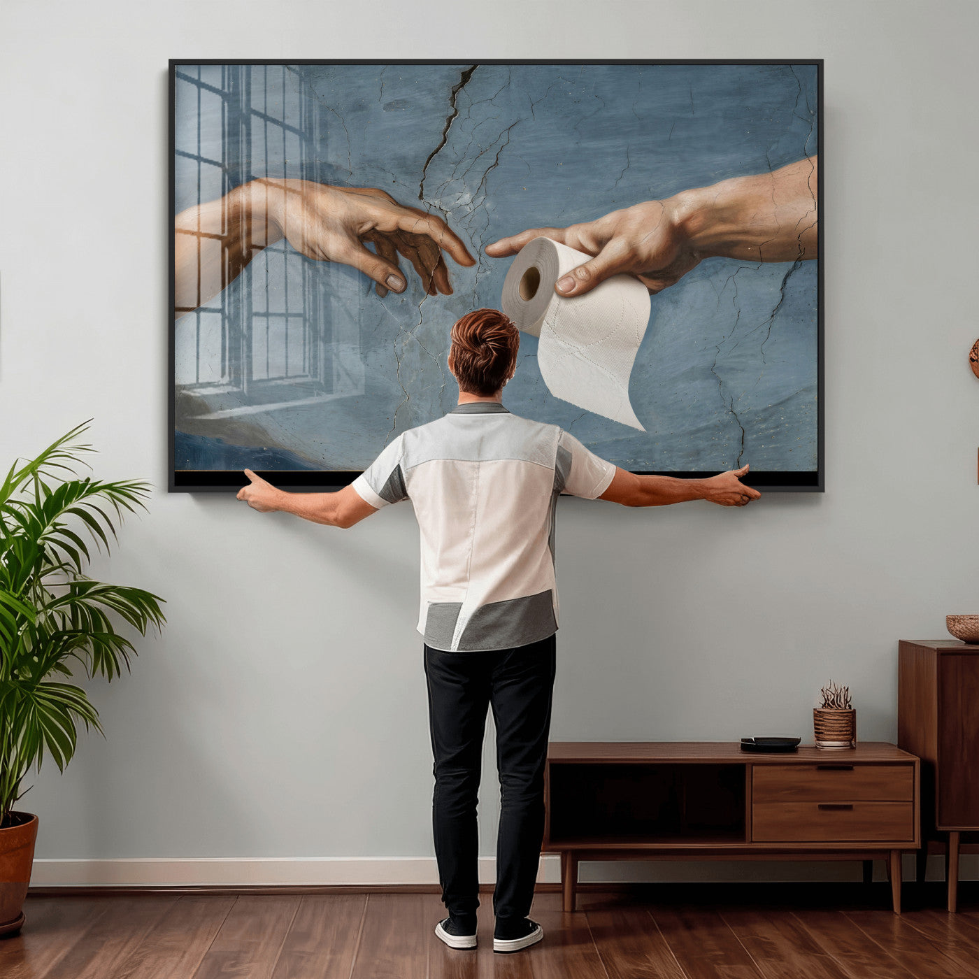 42648143-MGV-CV-36X24 - Funny Bathroom Canvas Wall Art, Michelangelo Creation of Adam Toilet Paper Parody, Renaissance Humor Print, Quirky Housewarming Gift, Toilet Room Decor