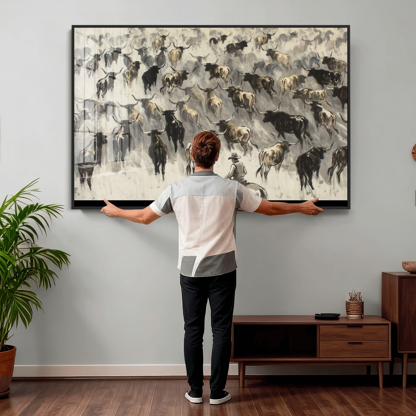 48049876-MGV-CV-36X24 - Cowboy Cattle Drive Canvas Wall Art, Western Longhorn Herd Ink Painting Print, Ranch Rodeo Decor, Black White Western Art, Large Living Room Art