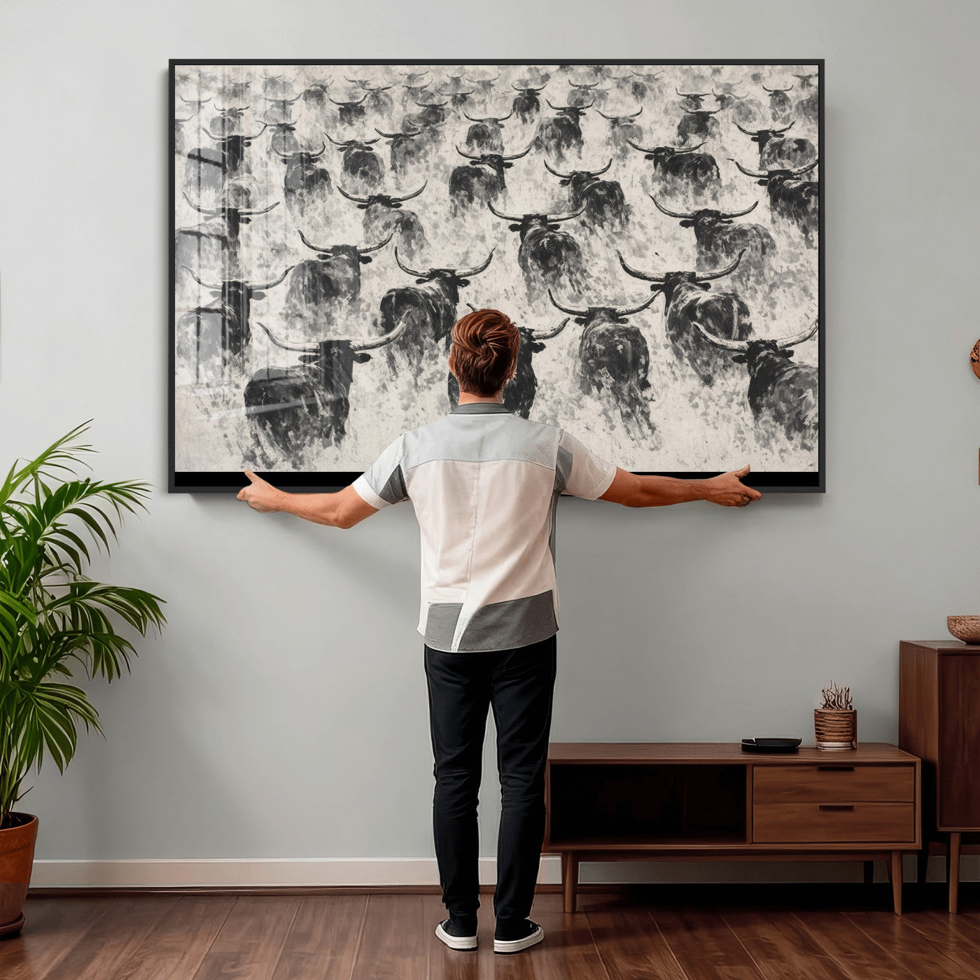 73328525-MGV-CV-36X24 - Texas Longhorn Drawing Canvas Wall Art, Western Cattle Stampede Painting Print, Warm Amber Ranch Decor, Rustic Cowboy Home Art, Large Living Room Decor