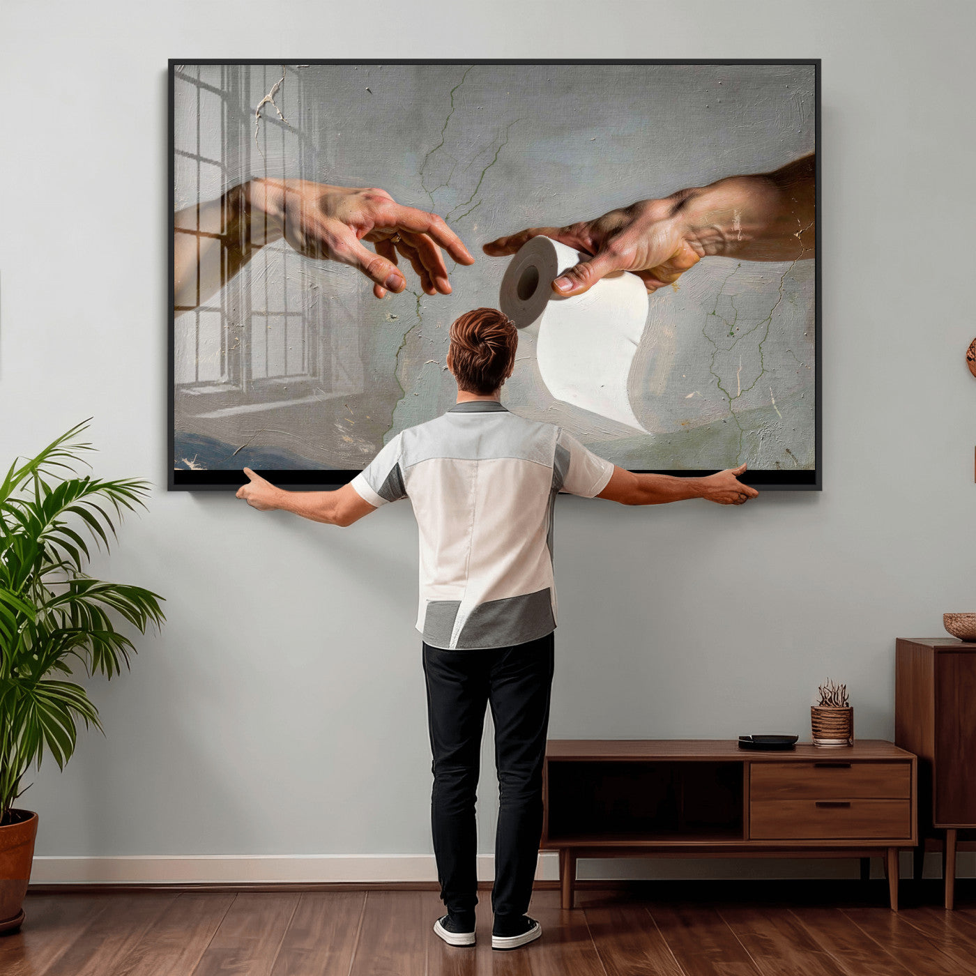 72030048-MGV-CV-36X24 - Funny Bathroom Wall Art Canvas, Creation of Toilet Paper Parody Print, Renaissance Humor Decor, Toilet Room Art, Quirky Housewarming Gift, Classic Art Spoof