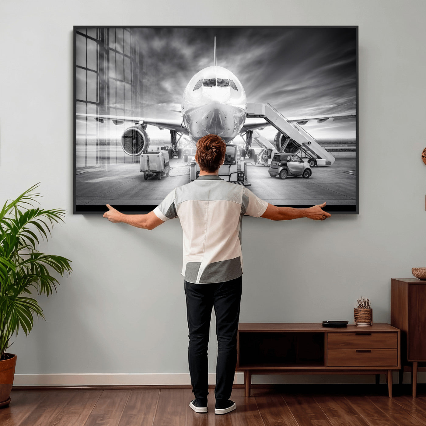85885848-MGV-CV-36X24 - Airplane Wall Art Canvas Print, Black and White Jet Aircraft Airport Runway Framed Aviation Artwork for Pilot Office Hangar Travel Decor