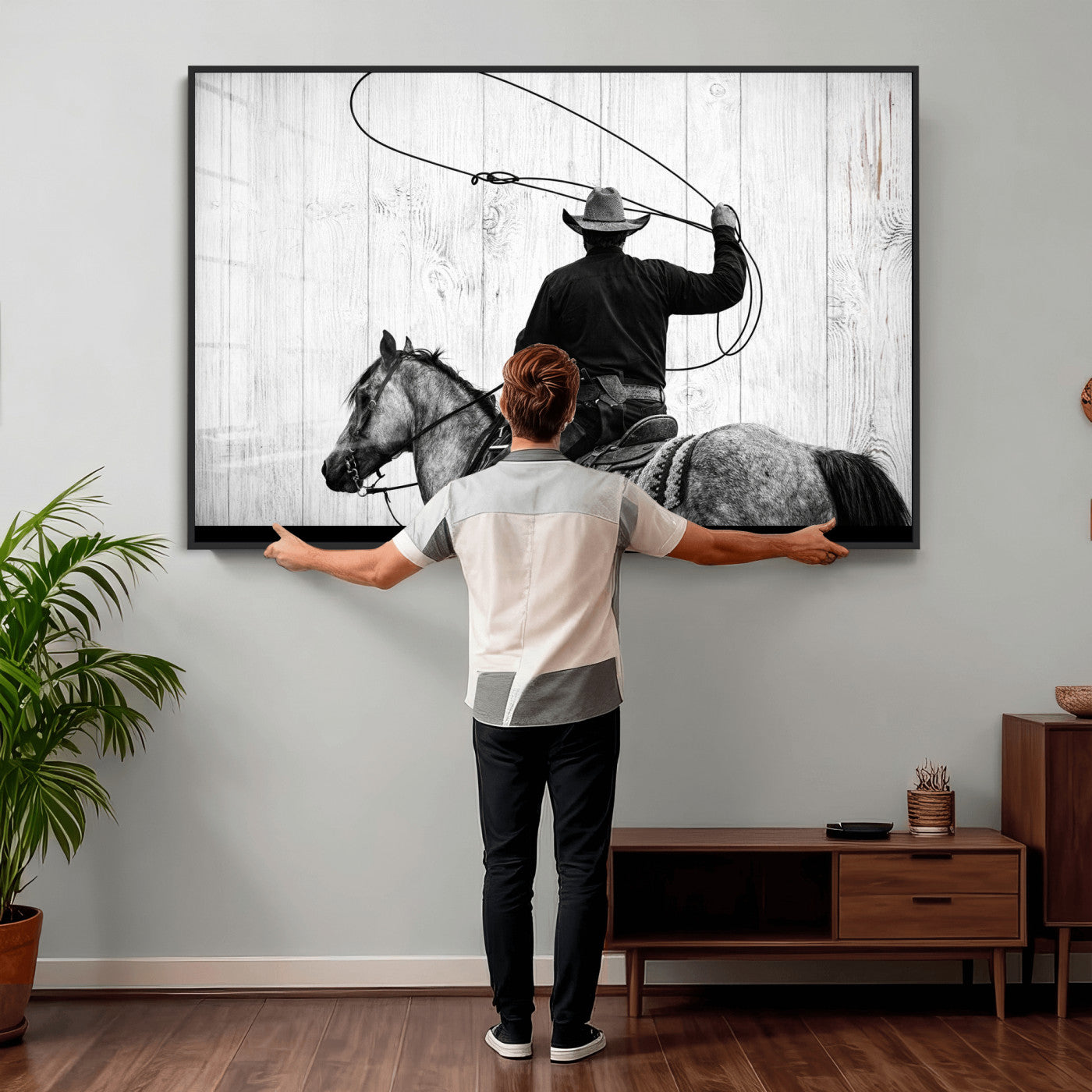 22569358-MGV-CV-36X24 - Cowboy Lasso Canvas Wall Art, Black White Western Horse Photo Print, Rustic Ranch Rodeo Decor, Farmhouse Western Art, Cowboy Gift for Him