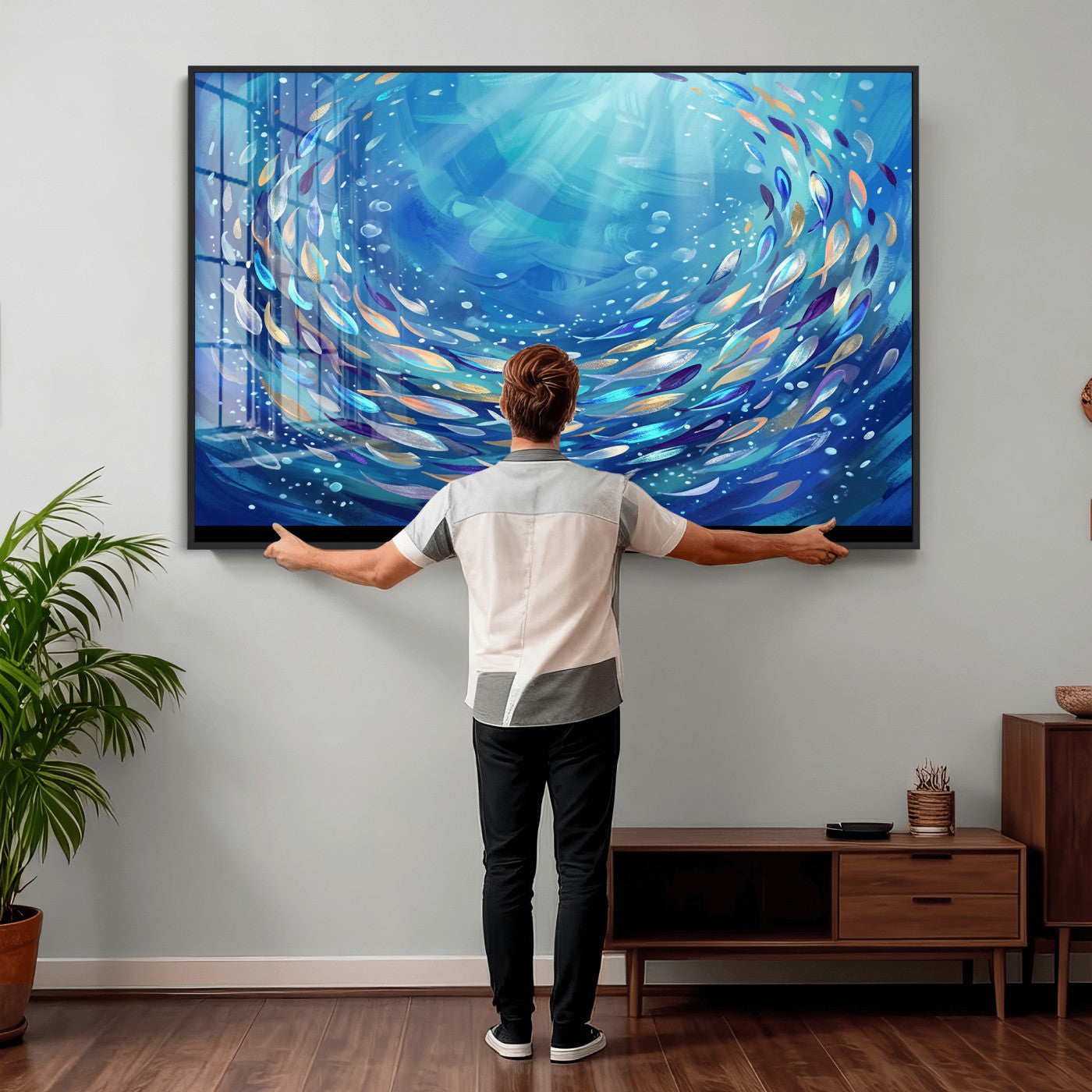 78699899-MGV-CV-36X24 - School of Fish Canvas Print | Blue Ocean Underwater Wall Art | Swirling Fish Shoal Illustration | Marine Navy Coastal Decor