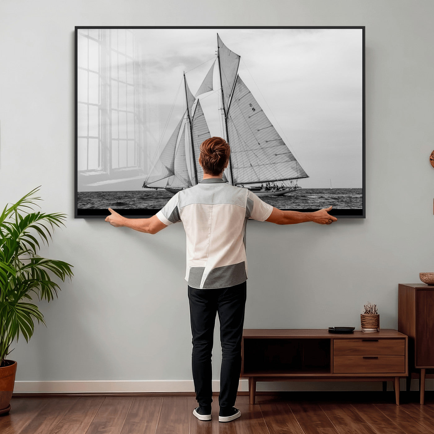 52882918-MGV-CV-36X24 - Vintage Sailboat Wall Art Canvas Print, Black and White Schooner Framed Artwork, Nautical Ocean Sailing Decor for Living Room Office Beach House