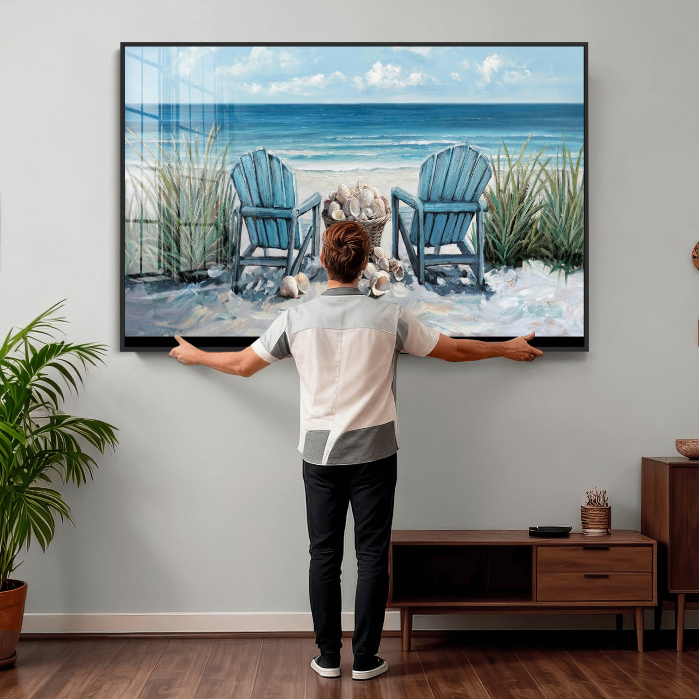 11973028-MGV-CV-36X24 - Beach Canvas Wall Art Coastal Adirondack Chairs Ocean Seashells Blue Nautical Framed Large for Living Room Bedroom Bathroom Decor