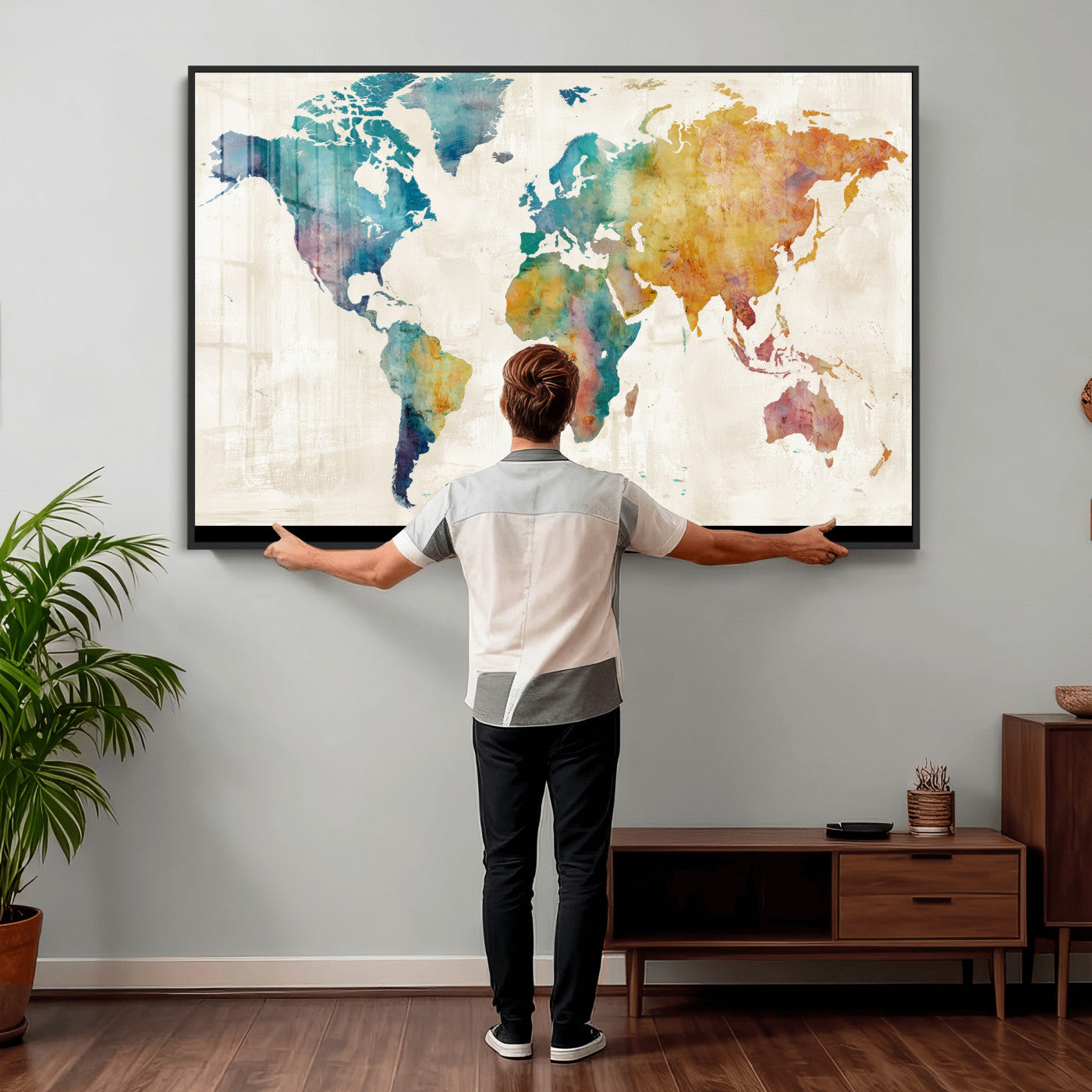 56556018-MGV-CV-36X24 - Watercolor World Map Canvas Wall Art Print – Abstract Colorful Travel Wall Decor