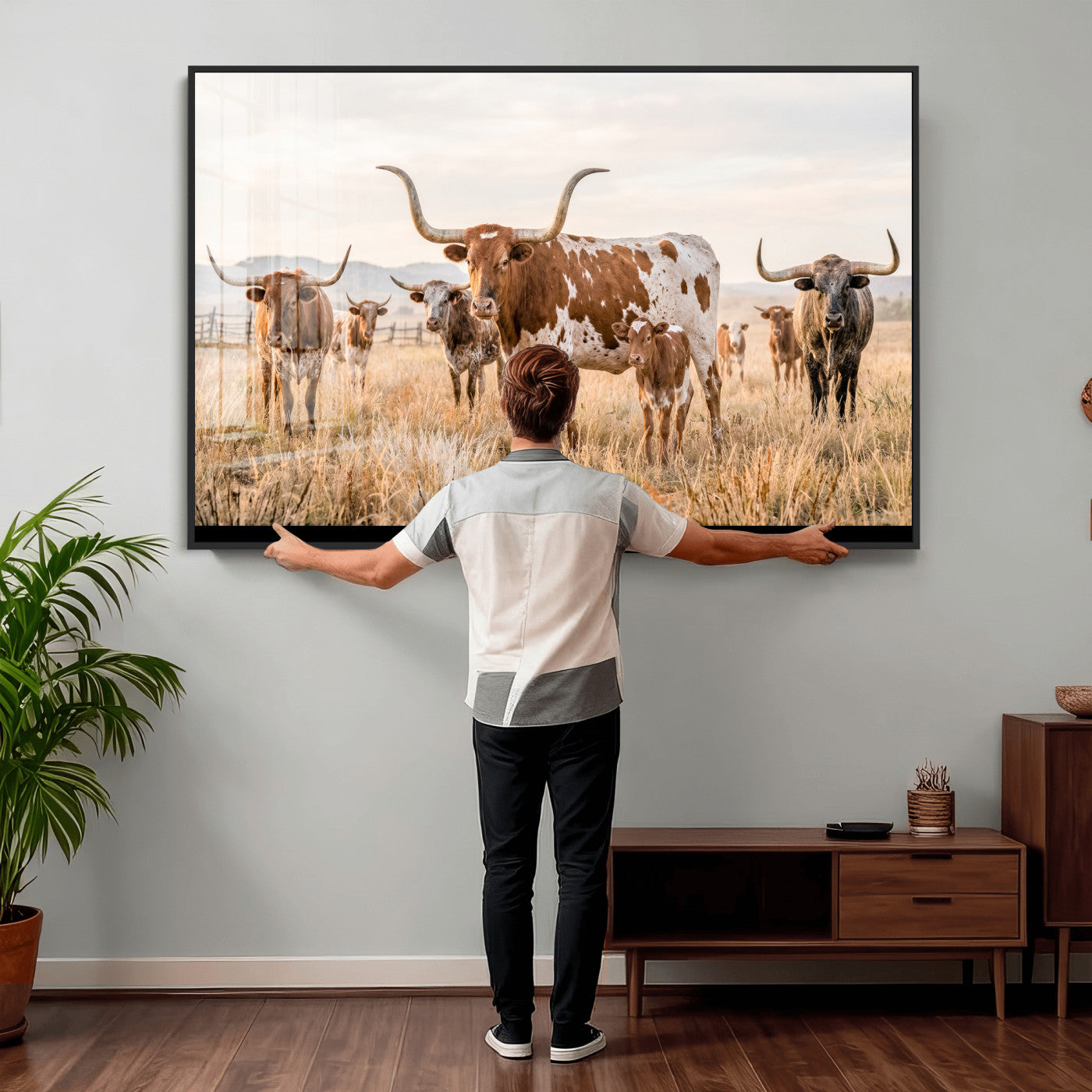 62336425AC-MGV-CV-36X24 - Texas Longhorn Canvas Wall Art, Rustic Farm Animal Photography Print, Farmhouse Country Decor, Western Ranch Art