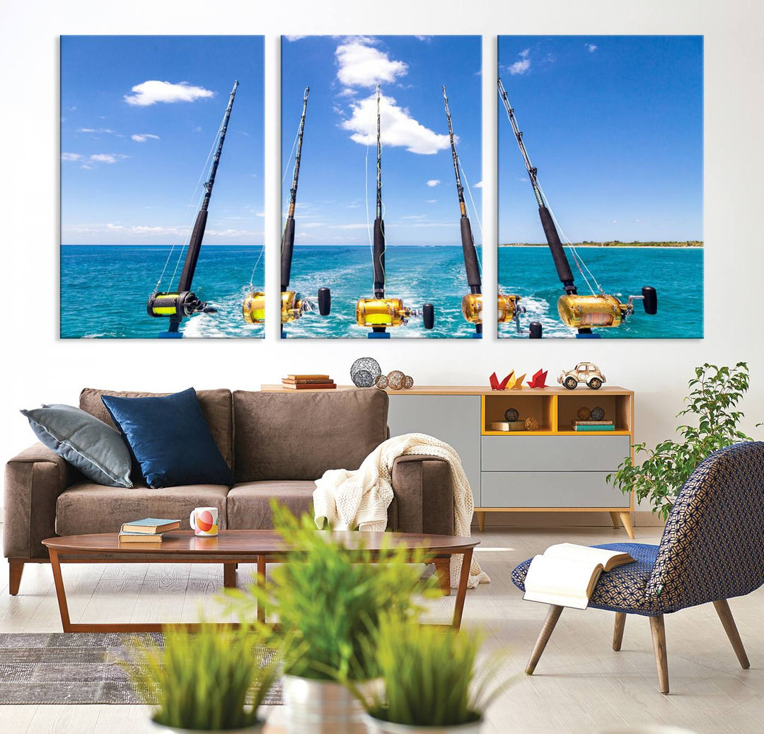 Fishing Roads on Boat Canvas Wall Art Print Ocean Seascape Art Print