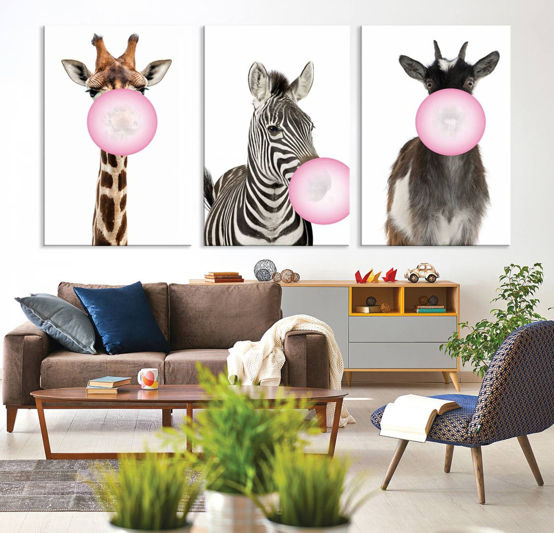 Animales divertidos, lienzo grande, arte de pared, cabra, cebra, jirafa, impresión en lienzo, animales lindos con globos para decoración de habitación de niños