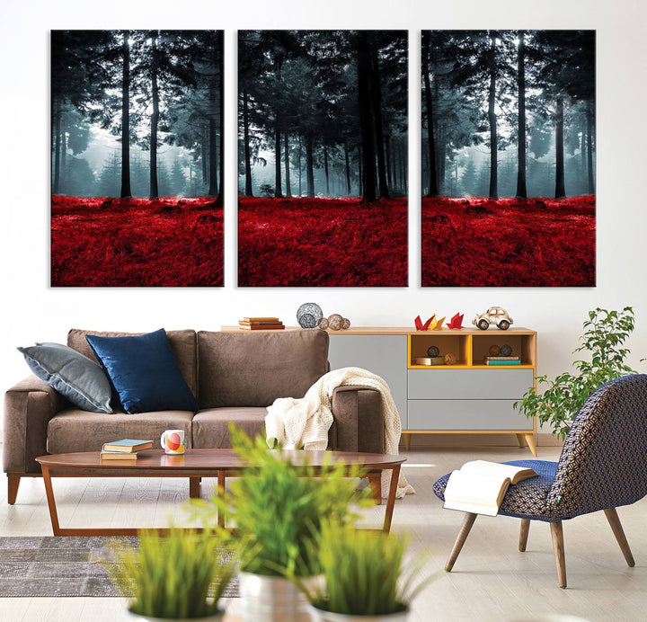 Bosque seductor con hojas rojas Impresión en lienzo Arte de pared grande Arte de lienzo de bosque Arte de paisaje de otoño Impresión de arte enmarcada