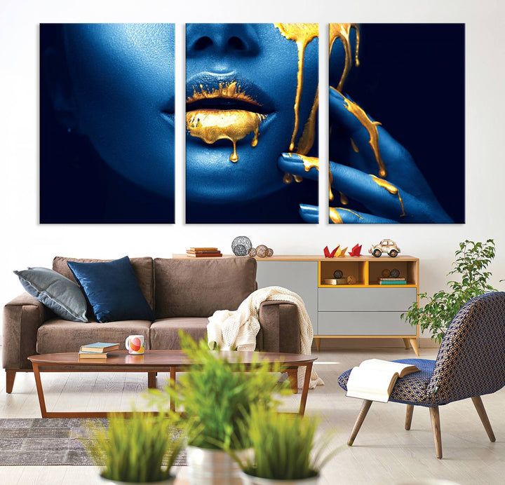 Neón Azul Oro Labios Sensual Fotografía Lienzo Pared Arte Impresión Moda Arte Belleza