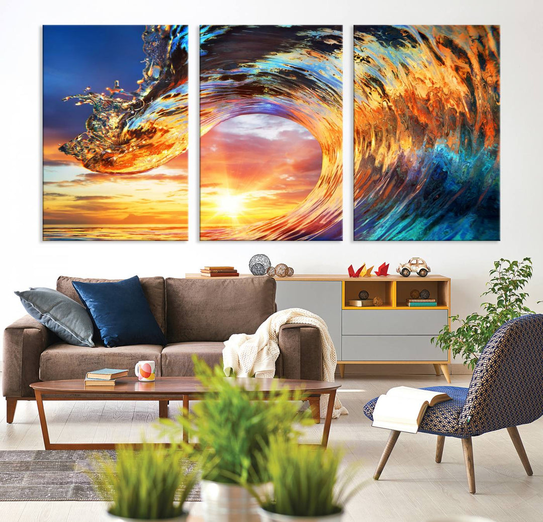 Wave Canvas Wall Art – Multi-Panel Sunset Ocean Scene – Bold and Vibrant Decor for Living Room or Office – Ready to Hang