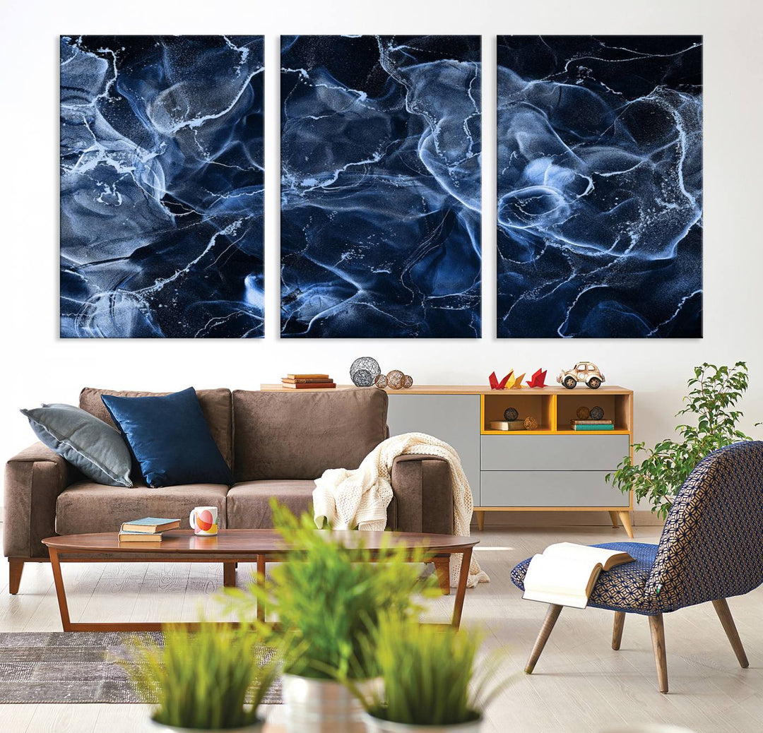 Blue Marble Smokey Effect Wall Art Abstract Canvas Wall Art Print