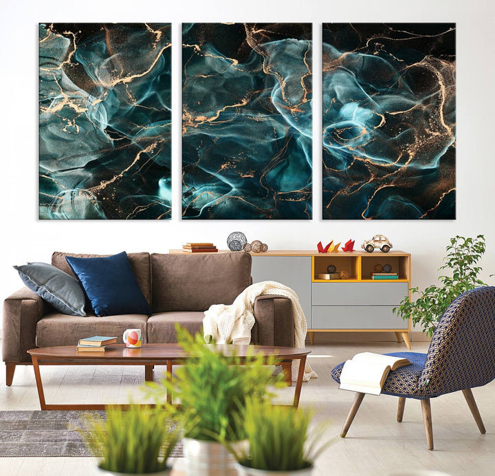 Neon Blue Marble Smokey Effect Wall Art Abstract Canvas Wall Art Print