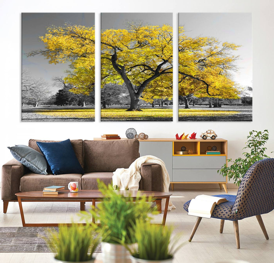 Toile murale avec grand arbre jaune, impression d'art, noir, blanc, jaune, peinture artistique