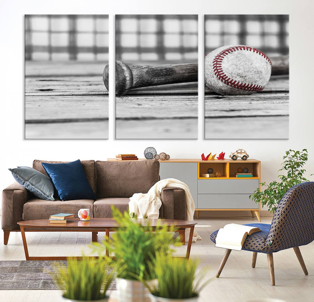 Lienzo de béisbol vintage para pared, impresión de béisbol, arte imprimible, arte retro, deportes, arte de pared, impresión en lienzo grande, varias piezas enmarcadas listas para colgar, juego de 3 paneles de lienzo, fotografía en blanco y negro