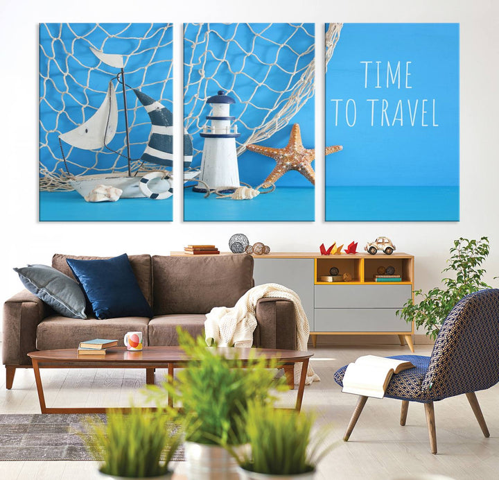 Sailing Boat Starfish and Lighthouse Wall Art Canvas Print