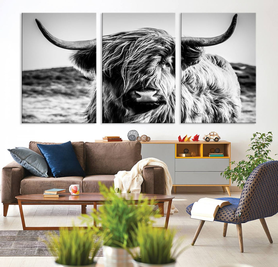 Scottish Cow Black and White Wall Canvas Art Print Farm House