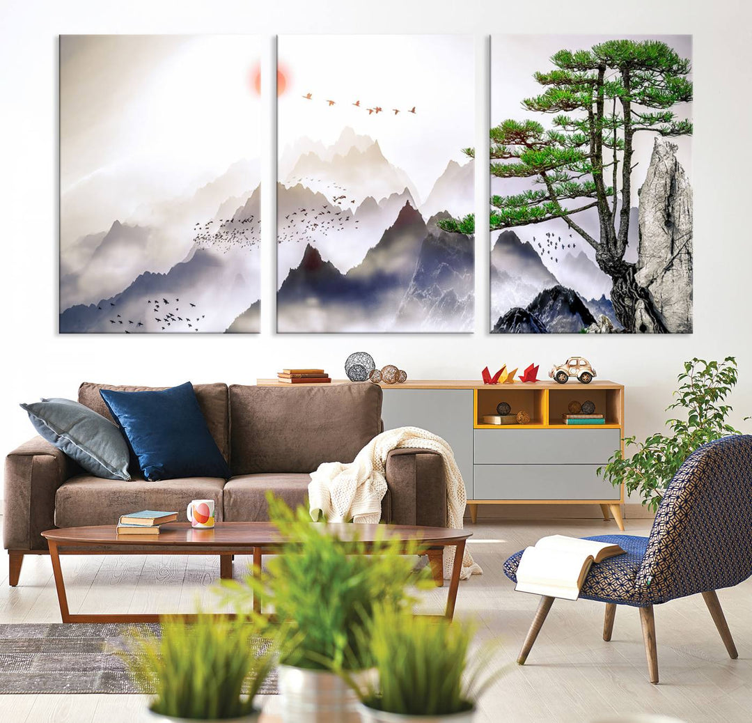 Japanese Tree Mountain Wall Art Canvas Print